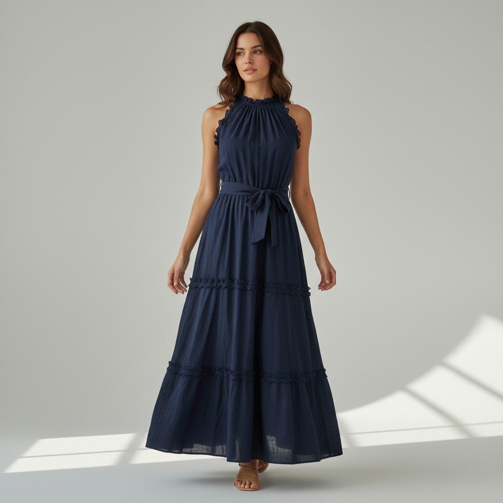 Me+Em Navy Eclipse Ruffle Scallop Embroidery Maxi Dress Womens Size 0 New Luxury
